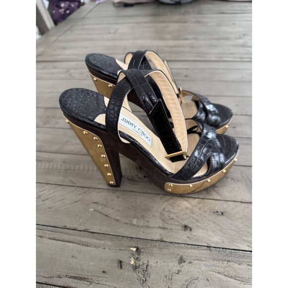 Jimmy Choo Black Croc Embossed Ultimate Wooden Ankle Strap Platform Heels 38.5 - Picture 8 of 12